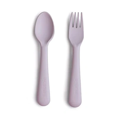 Image of Mushie Fork and Spoon Set for Kids Flatware Cutlery 1x of Dinnerware Pieces Reuseable Dishwasher Microwave Safe Easy Baby or Child to Hold Made in Denmark (Soft Lilac)