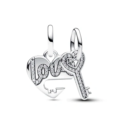 Image of Pandora Moments Love heart and key sterling silver splittable dangle with clear cubic zirconia