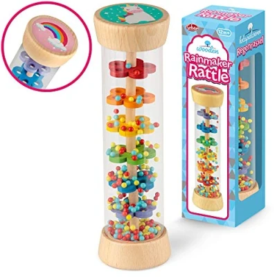 Image of Tobar Painted Wooden Rainmaker Rattle Toy,Assorted Designs and Colours,38200