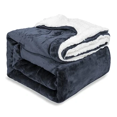 Image of EHC Sherpa Flannel Fleece Throw Blanket Fluffy Soft Thick Microfiber Solid Warm Blankets for Bed and Couch, Navy Blue, Double, 150 cm x 200