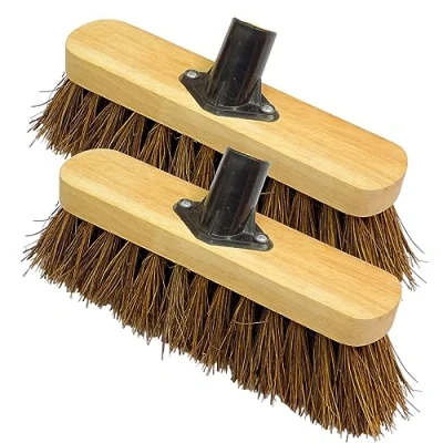 Image of 10 Garden Broom Head ONLY Outdoor Natural Bassine Hard Bristle with Durable Support Bracket Yard Brush Heavy Duty Stiff Sweeping (PACK OF 2)