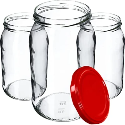 Image of KADAX Glass Jars 900 ml, Preserving with Airtight Lids for Storing Homemade Jams, Marmalades, Pickles and Sauerkraut (Red Lids, Set of 24)