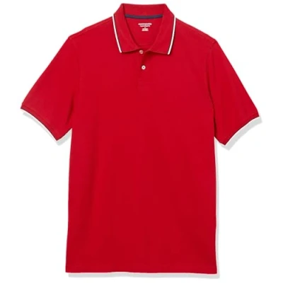 Image of Amazon Essentials Men&#039;s Regular Fit Cotton Pique Polo Shirt (Available in Big &amp; Tall), Red Twin Stripe, L