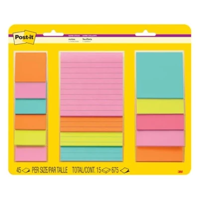 Image of Post it Notes Super Sticky Notes, Assorted Sizes, Supernova Neons Collection 5 Pads/Pack, 45 Sheets/Pad