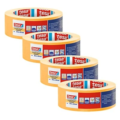 Image of tesa Precision Masking Tape 4344 Standard Pack of 4 Professional with Thin Paper Backing for Precise and Covering Orange 50 m x 38 mm Each