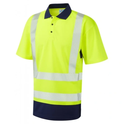 Image of Leo Workwear Mortehoe Mens Polo Shirt Hi Vis Dual Colour Coolviz Plus Ventilated Work Shirt, XXX Large, Yellow/Navy