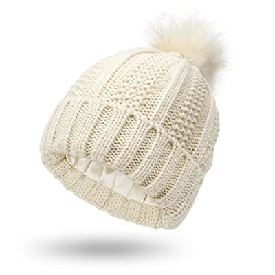 Image of Women Knitted Beanie with Satin Lining Pom Winter Warm Cap Bobble Hat (Beige)