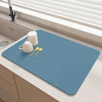 Image of SOQKEEN Dish Drying Mat for Kitchen Counter, 20&quot;x16&quot; Non Slip Absorbent Draining Quick Dry Coffee Machine Sink Protector Bar Worktop Blue