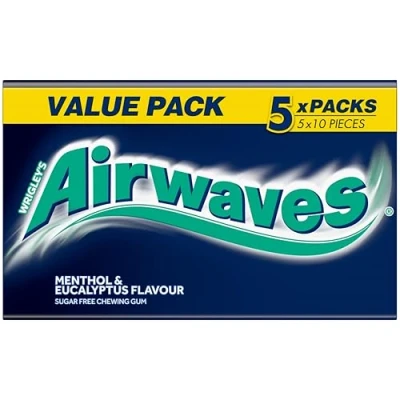 Image of Airwaves Menthol &amp; Eucalyptus Chewing Gum Sugar Free Multipack, 5 x 10 Pieces