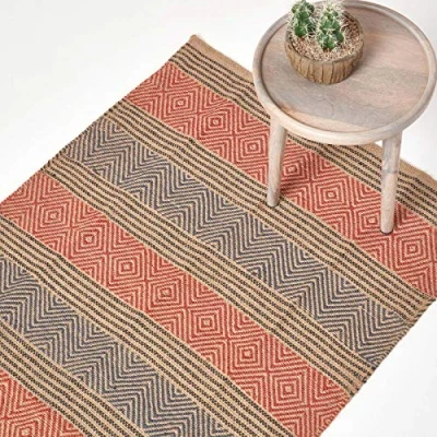 Image of HOMESCAPES Small Modern Jute Rug Red and Blue Geometric Kilim Design 60 cm x 100 (2ft 3ft) Heavy Duty Suitable for Halls, Living Rooms or Conservatories