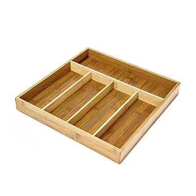 Image of Relaxdays Cutlery Drawer, Bamboo Kitchen Organiser, Silverware Holder with 5 Compartments, 4 x 34 33.5 cm, Natural, Wood, Brown