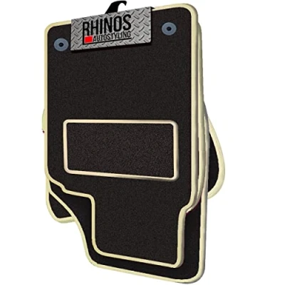 Image of Tailored to Fit Nissan Micra (2017 ON) Non Slip, Complete Carpet Car Floor Mats, All Weather, Anti Slip Backing, Easy Clean Black Mat + Beige Leather Edging