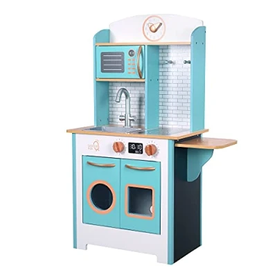 Image of Teamson Kids Wooden Little Chef Small Retro Play Kitchen Toy Pretend Set with Interactive Features &amp; 7 Role Accessories Blue/White