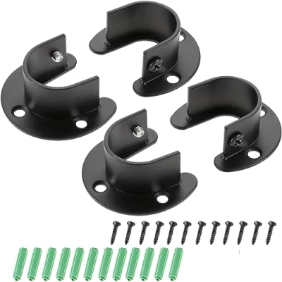 Image of Hicello 4PCS 32mm BLACK Wardrobe Hanging Rail Fittings, Curtain BracketsClothes Pole BracketHanging HoldersStainless Steel Fittings for Bathroom Kitchen Cupboard