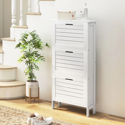 Image of HOMCOM Narrow Shoe Storage Cabinet for Hallway with 3 Flip Drawers, Slim Louvered Doors, White