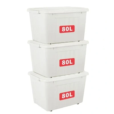 Image of Cetomo 80L*3 Plastic Storage Box,White, Tote box,Organizing Container with Durable Lid and Secure Latching Buckles, Stackable Nestable, 3Pack, Buckle