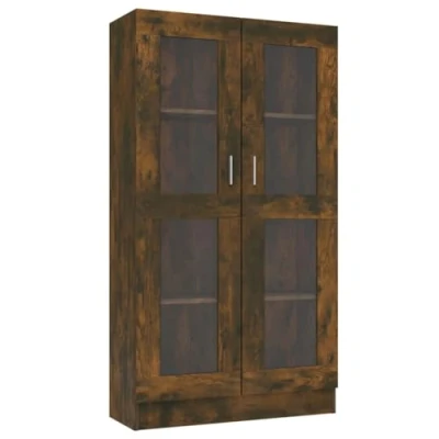 Image of vidaXL Trendy Vitrine Cabinet Smoked Oak Engineered Wood with 4 Compartments &amp; Glass Doors Modern Freestanding Storage Unit for Living Room, Bedroom, Office
