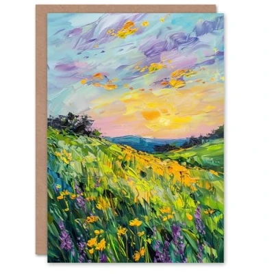 Image of Artery8 Lavender Daffodil Meadow Sunset Oil Painting Greeting Birthday Card Him Her All Blank