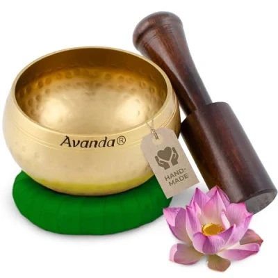 Image of Tibetan singing bowl set for yoga, meditation and relaxation hammered Ø 8 cm (3 in), mango wood mallet ring cushion, green