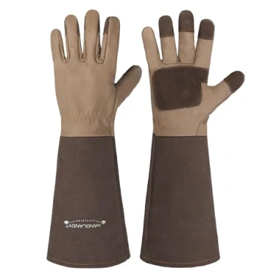 Image of HANDLANDY Rose Pruning Gardening Gloves for Men &amp; Women, Thornproof Long Gauntlet Gloves, Pigskin Leather Breathable Durability (Medium, Brown)