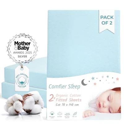 Image of Cot Bed Sheets 140 x 70 Fitted and 100% Organic Cotton Completely Natural Baby Blue color Set of 2 Ultra soft Comfortable for Your cm size Toddler