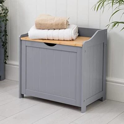 Image of CHRISTOW Laundry Bin For Bathroom, Wooden Grey &amp; Bamboo Storage Box, Free Standing Towel Chest, Linen Cabinet