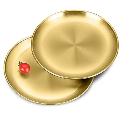 Image of Betinyar 2 Pieces 8 Inch Stainless Steel Round Plate, Metal Camping Plates, Reusable Dinner Plates for Outdoor Picnic Camping(Gold, 20cm)