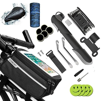 Image of Zzone 1 Bike Tool Kit,Bicycle Pump,Tyre Puncture Repair Kit,16 in Multifunction With Patch Kit,Mountain cycle Frame handlebar Front Tube Pouch Bag.