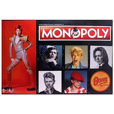 Image of Winning Moves David Bowie Monopoly Board Game, Advance to Heroes, Diamond Dogs, Aladdin Sane and Hunky Dory, build stages stadiums bankrupt your fellow Kooks, gift for players aged 8 plus