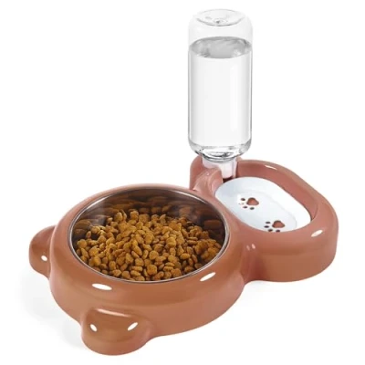 Image of Dog Bowls, Cat Food and Water Bowl Set with Dispenser Stainless Steel for Cats Small Dogs Brown