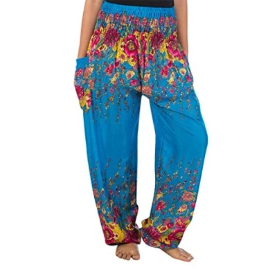 Image of Lofbaz Harem Pants for Women Yoga Boho Hippie Clothing Womens Palazzo Bohemian Pajama Trousers Beach Indian Gypsy Genie Clothes Floral 2 Blue XL