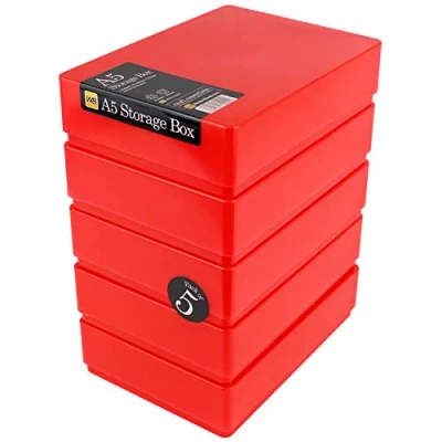 Image of WestonBoxes A5 Plastic Craft Storage Boxes with Lids for Art Supplies, Paper and Card 1.8 Litre Volume (Red, Pack of 5)