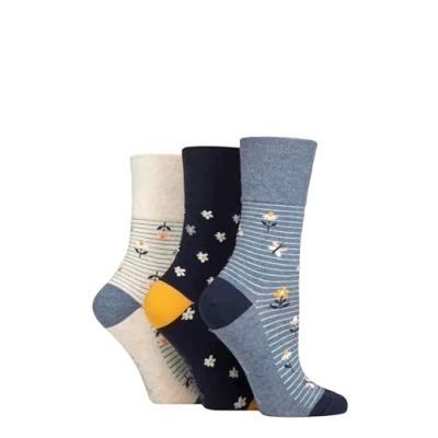 Image of Women&#039;s 3 Pair Gentle Grip Cotton Patterned and Striped Socks Daisies / Butterflies 4 8