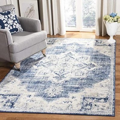 Image of Safavieh Traditional Rug for Living Room, Dining Bedroom Brentwood Collection, Short Pile, in Ivory and Navy, 183 X 274 cm