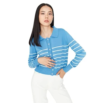 Image of Trendyol Women Regular Basic Polo Neck Knitwear Cardigan Blue