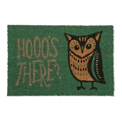 Image of Relaxdays Owl Hooo&#039;s there Doormat Rubber, 40 x 60 cm, Door Mat Inside &amp; Outside, Non Slip, Green/Coir, PVC