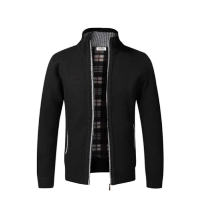 Image of Mens Knitted Cardigan Thick Sweater Full Zip Stand Collar Warm Jumper Fleece Lined Winter Coat(Black L)