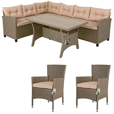 Image of CASARIA® Lisbon Polyrattan Garden Corner Lounge Dining Table Set with 2 Stacking Chairs Bench WPC Top Seat Cushions Weatherproof Outdoor Patio Seating Group Furniture Beige