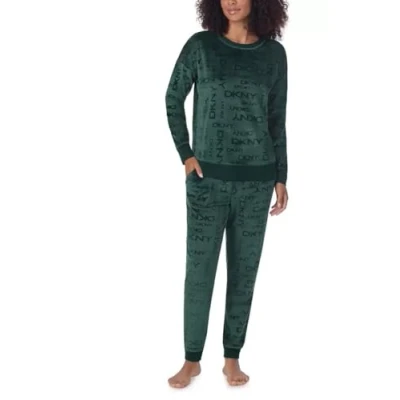 Image of DKNY Ladies Lounge Set Luxurious Plush Stretch Velour 2 Piece UK SIze Velvet Tracksuit For Women (Green, M)