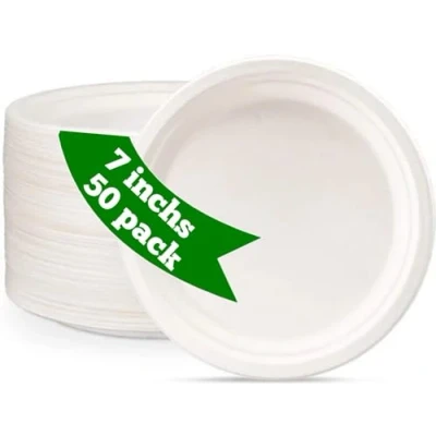 Image of AAN 100% Compostable Biodegradable Paper Plates, Heavy Duty Eco Friendly Disposable Bagasse Plates Made of Natural Sugarcane Fibers for Parties, Picnics, BBQs (7 inch 50 Pack)