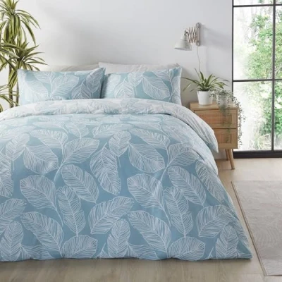 Image of Fusion Duck Egg Blue Leaf Duvet Cover Super King Bedding Size (260 x 220cm) Reversible Design (Duck &amp; White Colours) Cover/Leaves Print Bed Matteo Collection