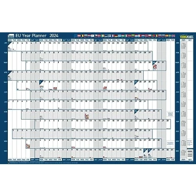 Image of Sasco 2024 EU Yearly Wall Planner Set, Board Mounted Whiteboard Style Dry Erase Calendar, Large with Pen &amp; Stickers, Blue, 915 x 610mm, 2410222