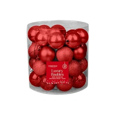 Image of Christmas large luxury Baubles red Tree Decorations set of 40 (5 cm) combination Shiny,Matt and Glitter. Comes complete with a colour matched hanging thread.