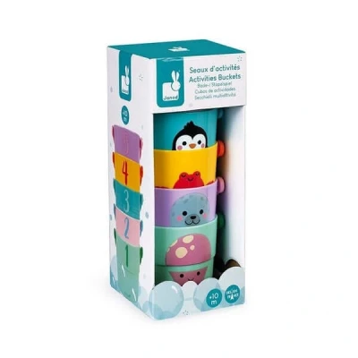 Image of Janod 5 Bath Time Activity Buckets Early Years Toy Handling and Dexterity Teaches Numbers from 10 Months, J04724