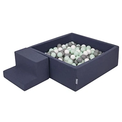 Image of KiddyMoon Foam Playground For Kids With Square Ballpit (200 Balls ∅ 7Cm/2.75In) Soft Obstacles Course And Ball Pool, Made In The EU, Darkblue:White/Grey/Mint