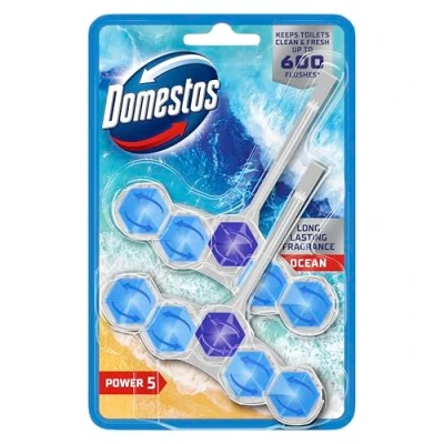 Image of Domestos Power 5 Ocean toilet Rim Blocks 2x 50 g freshener with a long lasting fragrance clean and freshen for up to 300 flushes
