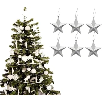 Image of UKDD® White Collection Christmas Droplet Baubles Tree Decorations, Glitter, Matt Icicles, Reindeer (Pack of 6 3D Star)