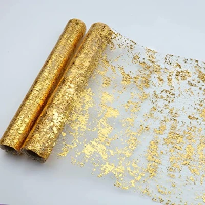 Image of Snowkingdom 5.5M Gold Table Runner, 2 Pieces Sequin Glitter Foil Metallic Thin Mesh Runner Roll 11&quot;x108&quot;, Decorations for Event Party, Wedding, Birthday Christmas