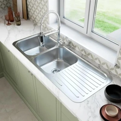 Image of Sauber 1180 x 480mm Stainless Steel Kitchen Sink 2.0 Double Bowl Inset Installation, 18/8 Sinks, Reversible Drainer, Free Waste