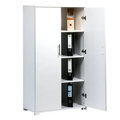 Image of MMT Furniture Desings Ltd White Storage Cabinet Locking 2 Door File Organiser Cupboard Adjustable Shelves Bookcase